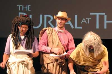 In the MIT LGO student production of "Antigone" for a class on leadership, Rastafarian Brian Chang and Southern preacher Robbie Harris debate ethics and leadership with Kreon (Jeremy Giese, far right).