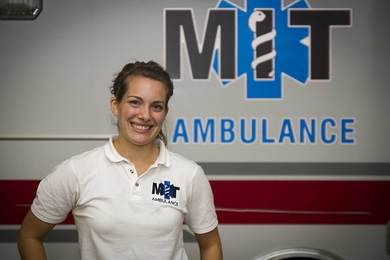 Annie Dunham, a senior studying chemistry, serves as chief of the MIT Emergency Medical Technicians (EMTs).