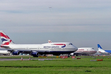 Planes await takeoff at London's Heathrow Airport.