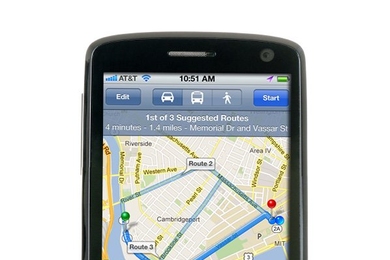 Mobile phone displaying map in navigation app