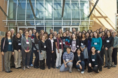 'Rising Stars in EECS' Workshop participants including nearly 40 female scholars from universities across the country and Europe gathered on Nov. 1 and 2 to network and create a pipeline for pathways toward academic careers. MIT Department of Electrical Engineering and Computer Science (EECS) Head Anantha Chandrakasan, who spearheaded the event, also appears in this photo on the Stata Center fourt...