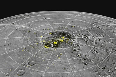 Perspective view of Mercury’s north polar region with the radar-bright regions shown in yellow.