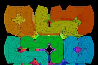 Still image from a computer simulation showing how a string of shapes can fold itself up into an arbitrary shape.