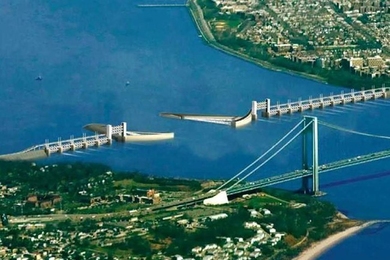 An artist's rendition of a proposed $6.5 billion barrier north of the Verrazano Narrows Bridge that would aim to protect New York City's harbor.