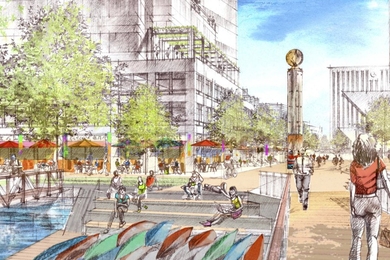 Development along north and east sides of One Broadway with active ground floor uses will further energize the Broad Canal