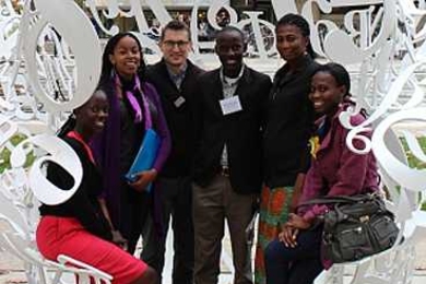 From left, Olivia Kyomuhendo, Peris Mwangi, MasterCard Foundation Youth Learning Program Manager Steve Cumming, Eddy Matagala, Rafiatu Lawal and Eyram Adedze during a campus visit.