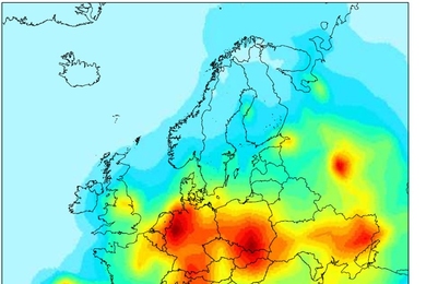 The fraction of present-day atmospheric mercury deposition in Europe from European anthropogenic sources, based on the GEOS-Chem global chemical transport model.