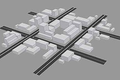 Illustration of a city block in which the crossing streets look like a hashtag