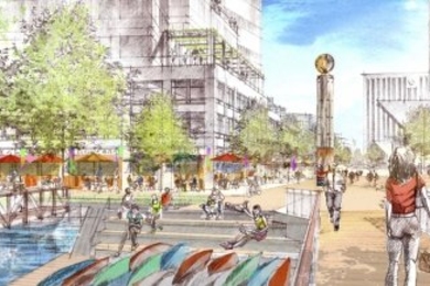 Development along north and east sides of One Broadway with active ground floor uses will further energize the Broad Canal