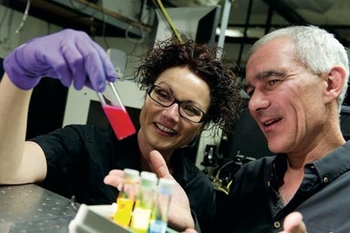 D&#246;rthe M. Eisele of the Research Laboratory of Electronics (left) and Moungi G. Bawendi of chemistry are investigating fundamental processes in light-harvesting nanotubes and quantum dots with a goal of one day developing a completely new approach to collecting energy from the sun.
