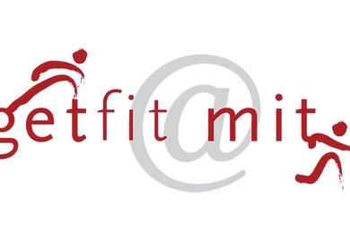 Two running stick figures and text that says "getfit@mit"
