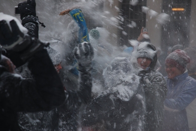 A student-organized snowball fight broke out on Killian Court on Saturday after the height of the storm had passed.