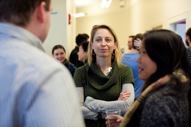 Scaling Development Ventures keynote speaker, Krista Donaldson, chief executive officer of D-Rev, chats with conference attendees.