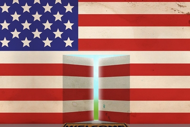 U.S. flag wall with an open door and a mat that says "Welcome big ideas"