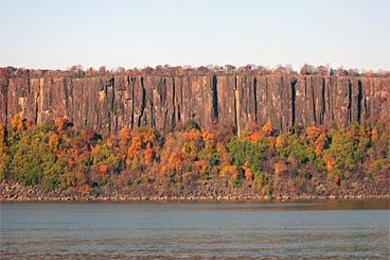 Palisade Sill on the Hudson River at Alpine, N.J. This 80 kilometer long intrusion forming the western edge of the Hudson River represents less than 0.2 percent of the total volume of magma erupted during the 201-million-year-old Central Atlantic Magmatic Province (CAMP).