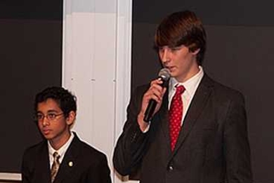 Jyotishka Biswas and Bennett Cyphers address the audience during their Mission 2016 presentation.