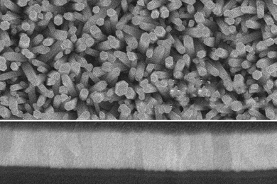 Scanning Electron Microscope images show an array of zinc-oxide nanowires (top) and a cross-section of a photovoltaic cell made from the nano wires, interspersed with quantum dots made of lead sulfide (dark areas). A layer of gold at the top (light band) and a layer of indium-tin-oxide at the bottom (lighter area) form the two electrodes of the solar cell.