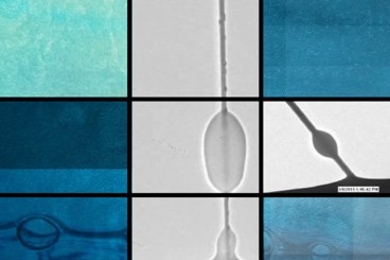 Three by three grid with various blue and gray abstract-looking images