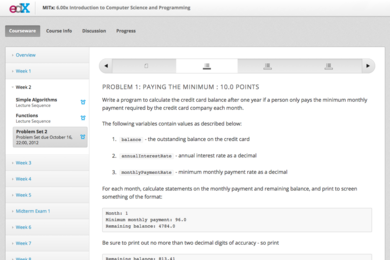A screenshot from an edX course — MITx's 6.00x, Introduction to Computer Science and Programming.