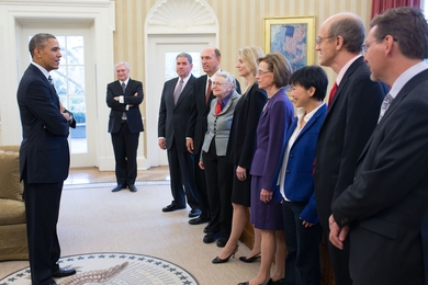 President Barack Obama greets the 2012 U.S. Kavli Prize winners in the Oval Office on March 28, including MIT's Mildred Dresselhaus (in gray jacket), Ann Graybiel (in purple suit) and Jane Luu (in blue jacket).
