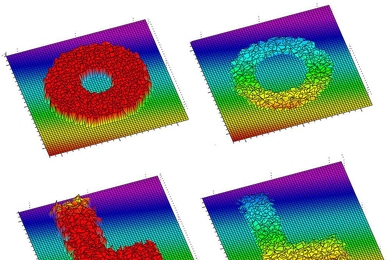 At left, metallized DNA (red) forms letters on a graphene surface. Treatment with oxygen plasma etches the shape of the letters into the graphene, right.