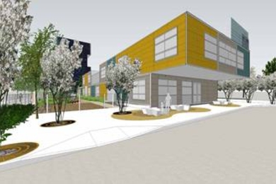 Conceptual rendering of the entrance to The David H. Koch Childcare Center.