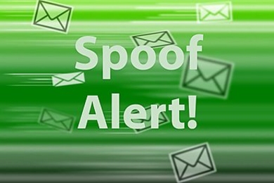 "Spoof alert!" is in white text with envelope icons in green background.
