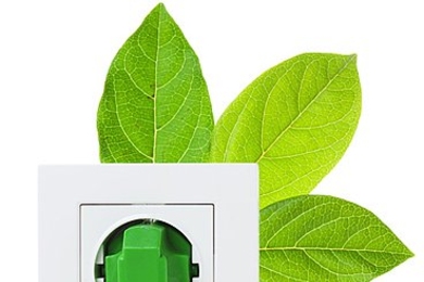 Photo illustration of an electrical wire plugged into several green leaves