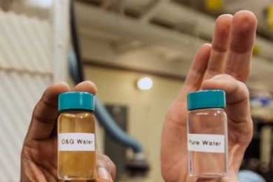 Water from natural gas wells, sent to MIT by the companies that operate them, was run through the humidification-dehumidification (HDH) carrier gas extraction process, producing clean, potable water (right).