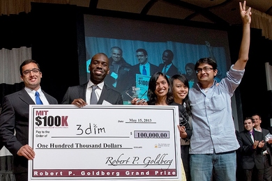 Members of 3dim celebrate after winning the grand prize at the MIT $100K Entrepreneurship Competition.