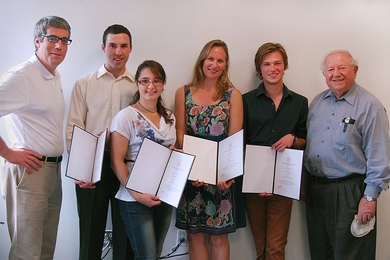 From left: Bill Aulet, managing director of the Martin Trust Center for MIT Entrepreneurship; Sam Shaner; Heidi Baumgartner; Anya Priester; Nikita Khlystov; and Professor Ed Roberts, founder and chair at the Martin Trust Center