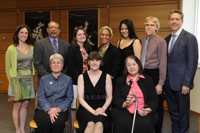 From left to right, back row: Associate Dean Cindy Barnhart, Lourenco Pires, Hannah Merrick, Chevalley Duhart, Angelita Mireles, Francis Doughty, Dean Ian Waitz. Front row: Gwen Wilcox, Carolyn Jundzilo-Comer, JoAnn Sorrento.