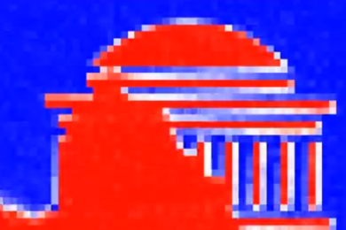 Pixelanted image of the MIT Dome in red on a blue background with the left-hand portion of the image also in red