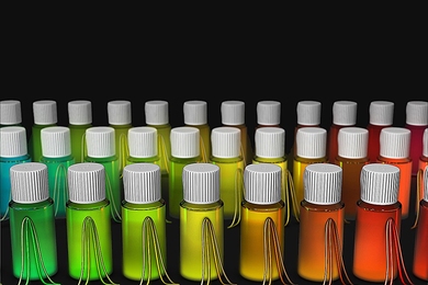 Vials containing colloidal semiconductor quantum dot nanocrystals (NCs) emit colors that are determined by the exact size of the particles. In this image, curves in front of each vial show the measurements made by the MIT team: The outer, wider curve shows the spectrum of colors from all the NCs in that vial, while the narrower curve shows the average single-particle spectrum within that vial. Unt...