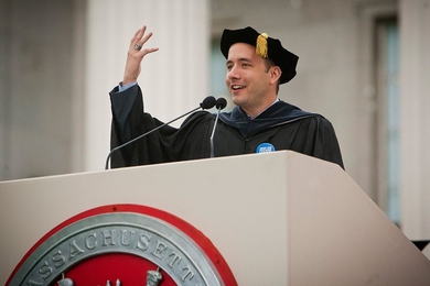 Drew Houston '05 displays his Brass Rat during his Commencement Address.