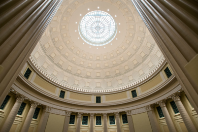 A view of the oculus from inside the Barker Library Reading Room.