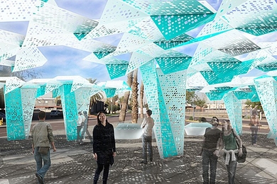 J. Meejin Yoon (left) created this light and sound installation in Phoenix, Ariz.