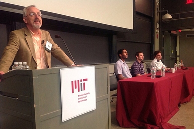 Professor Richard Larson and a panel including Cody Coleman, Sam Shames and Ethan Solomon at the MIT LINC 2013 Conference
