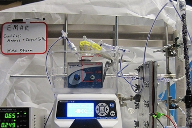 Graduate student Michael Stern and his co-workers built this laboratory-scale device to prove the principles behind the electrochemical carbon-capture system.