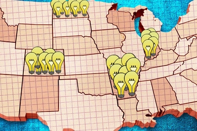 Stylized U.S. map with lightbulbs superimposed in bunches over certain states