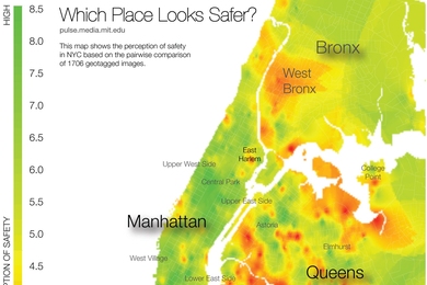 A color-coded map of the perceived safety of New York City neighborhoods, based on Web volunteers' comparisons of images extracted from Google Maps' "street view" archive.