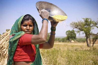 Woman in field holding up bowl of rice