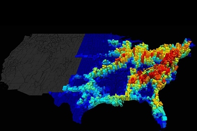 MIT researchers have linked the game theory concept of &#34;price of anarchy&#34; to the spread of contagion. The price of anarchy measures the difference in the spread of a disease between selfish (uncoordinated) and policy-driven (coordinated) human mobility. In this graphic, warm colors indicate geographical areas (such as the I-95 commuting corridor) with a high price of anarchy.