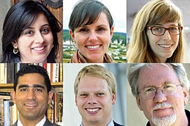 Top (from left): Sana Aiyar, Regina Bateson, Catherine E. Clark<br /> Bottom (from left): Malick W. Ghachem, Rich Nielsen, Edward Schiappa