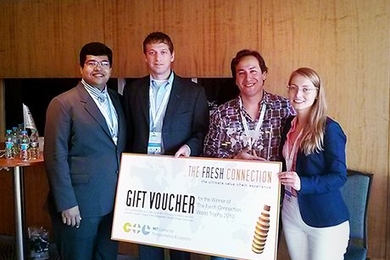 Team MIT Scalers, who won the 2013 Fresh Connection Global Challenge on Sept. 24, consisted of (from left) Sagar Neel De, Richard Swapp, Gustavo Escudero and Nadya Petrova.