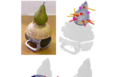 A statistical construct called the Bingham distribution enables a new
algorithm to identify an object&#39;s orientation using far fewer data points
(red and purple circles) than previous algorithms required.