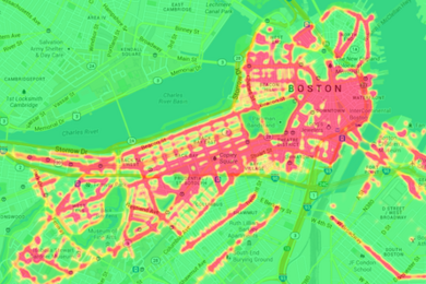 The heat map above displays taxi drop-offs in the City of Boston over a two-month period.