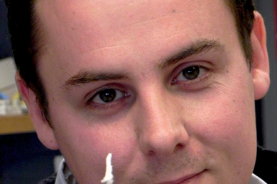 Thomas Crouzier, a postdoc associate at MIT's Laboratory for Biological Hydrogels, holds a sample of a gel reconstituted from mucins (key components of mucus). MIT's Laboratory for Biological Hydrogels studies mucins to learn how mucus functions and how to promote its recovery when it fails.