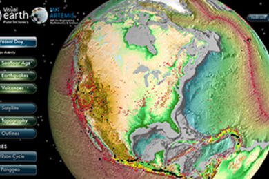 A screenshot of Visual Earth: Plate Tectonics, which displays data about seafloor age, earthquakes, and volcanoes on a rotating 3-D globe.