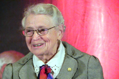 MIT Institute Professor Emeritus Mildred S. Dresselhaus delivers the MRS Von Hippel Award talk on Dec. 4 at the Grand Ballroom of the Sheraton Boston Hotel. 
